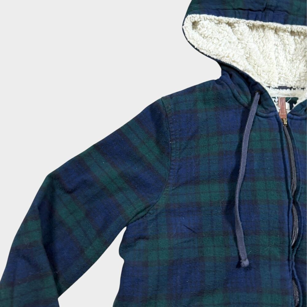L.L. Bean Sherpa Lined Plaid Hoodie Jacket Men’s S Small Green Watch Flannel Zip - Picture 4 of 10
